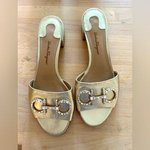 Salvatore Ferragamo Gold Embellished Slides
